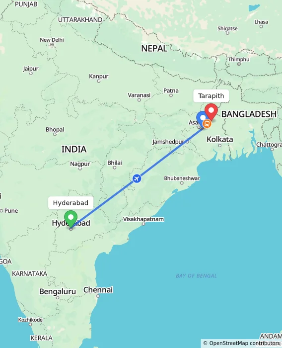 Route map showing distance and travel time from Hyderabad, India to Tarapith, India