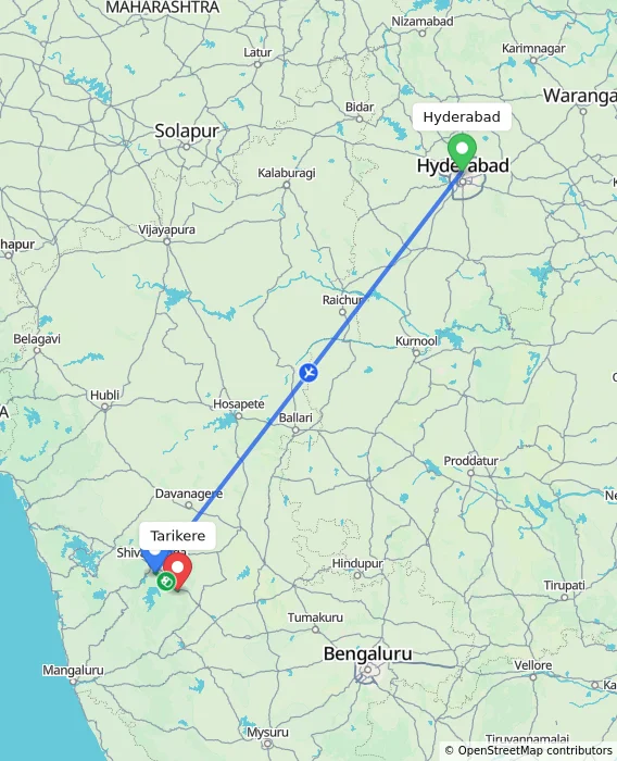 Route map showing distance and travel time from Hyderabad, India to Tarikere, India