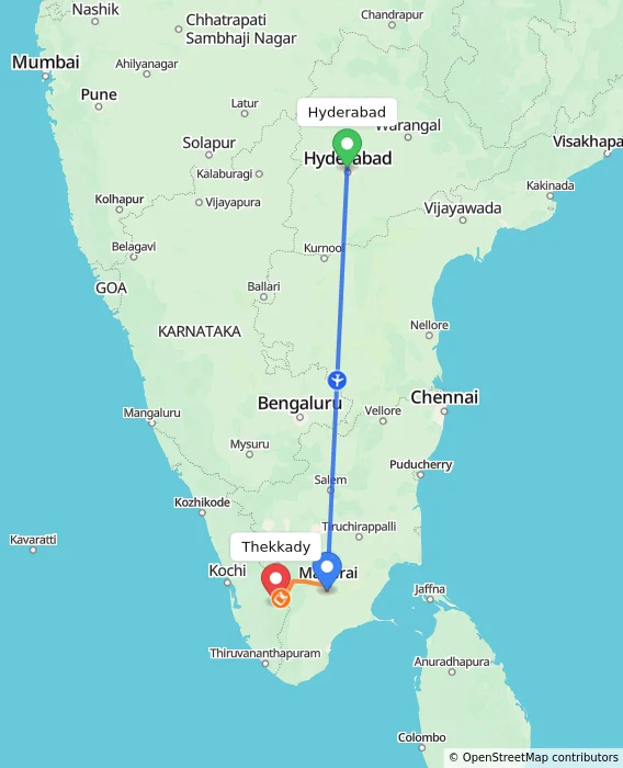 Route map showing distance and travel time from Hyderabad, India to Thekkady, India