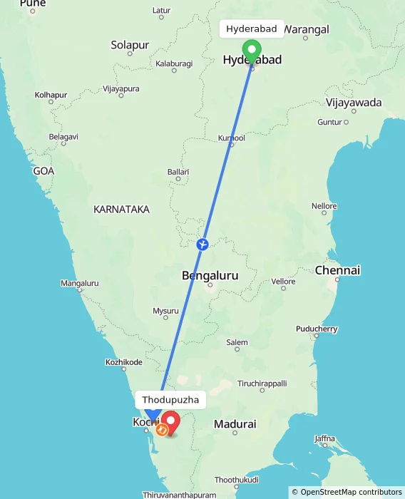 Route map showing distance and travel time from Hyderabad, India to Thodupuzha, India