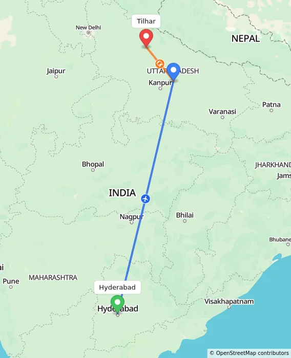 Route map showing distance and travel time from Hyderabad, India to Tilhar, India