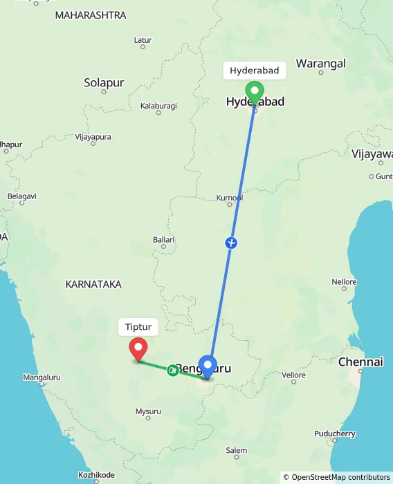Route map showing distance and travel time from Hyderabad, India to Tiptur, India