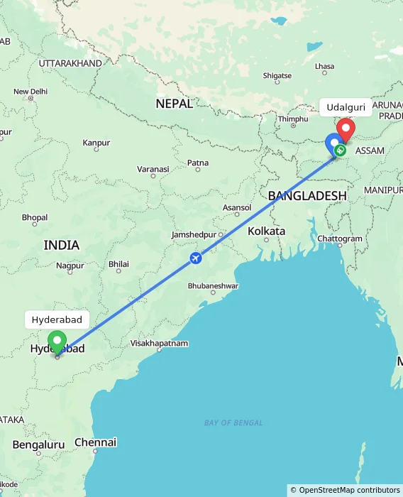 Route map showing distance and travel time from Hyderabad, India to Udalguri, India