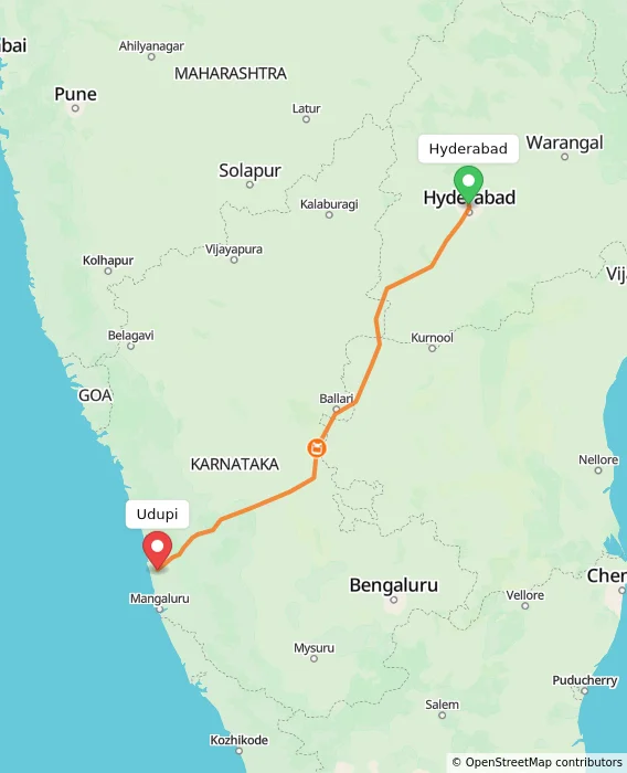 Route map showing distance and travel time from Hyderabad, India to Udupi, India