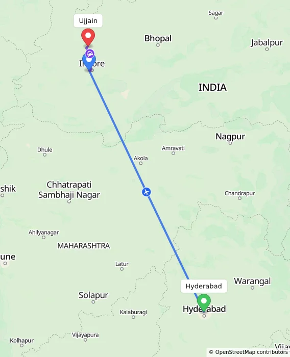Route map showing distance and travel time from Hyderabad, India to Ujjain, India