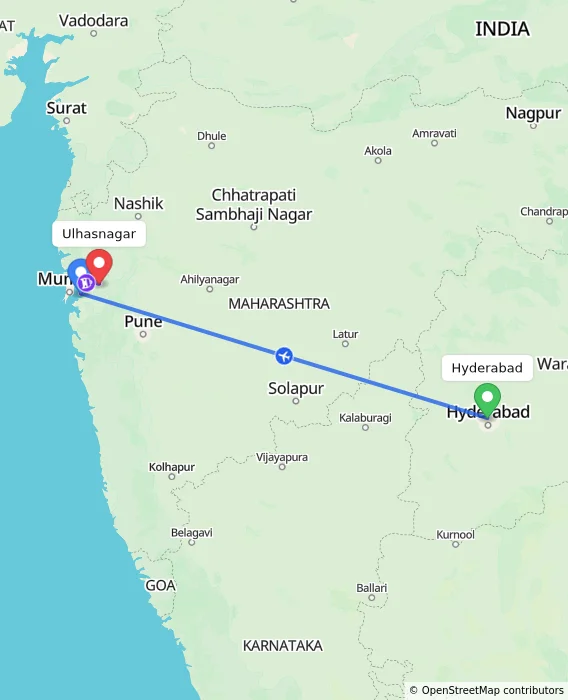 Route map showing distance and travel time from Hyderabad, India to Ulhasnagar, India