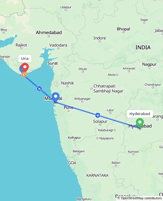 Route map showing distance and travel time from Hyderabad, India to Una, India