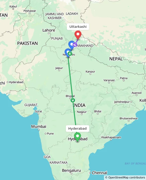 Route map showing distance and travel time from Hyderabad, India to Uttarkashi, India