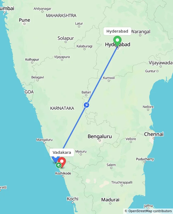 Route map showing distance and travel time from Hyderabad, India to Vadakara, India