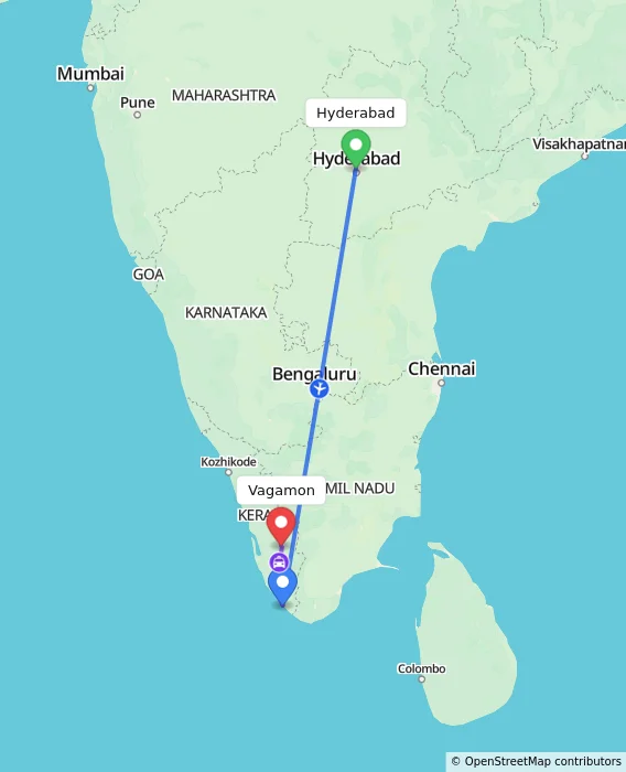 Route map showing distance and travel time from Hyderabad, India to Vagamon, India