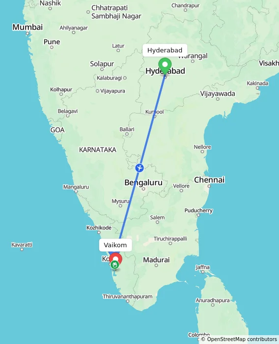 Route map showing distance and travel time from Hyderabad, India to Vaikom, India