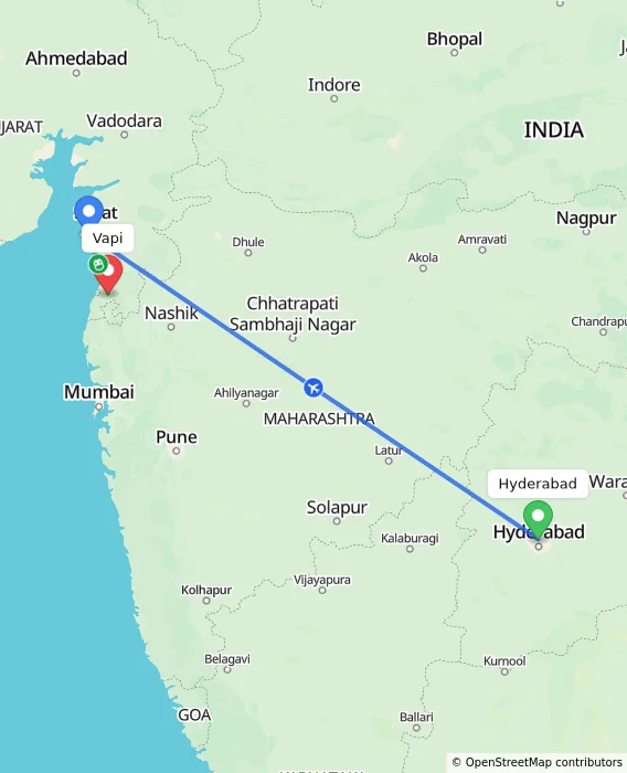 Route map showing distance and travel time from Hyderabad, India to Vapi, India