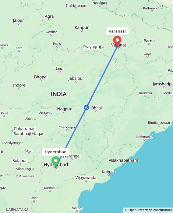 Route map showing distance and travel time from Hyderabad, India to Varanasi, India