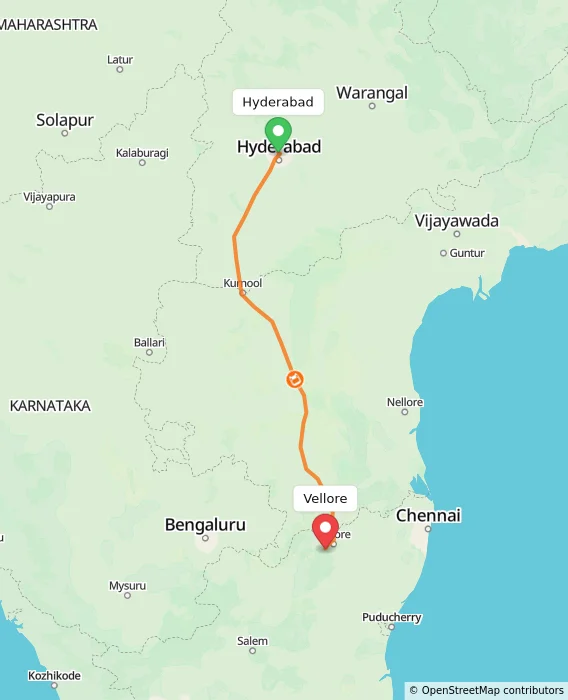 Route map showing distance and travel time from Hyderabad, India to Vellore, India