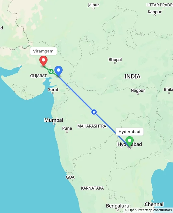 Route map showing distance and travel time from Hyderabad, India to Viramgam, India