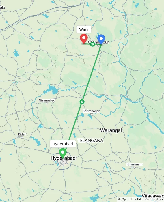 Route map showing distance and travel time from Hyderabad, India to Wani, India