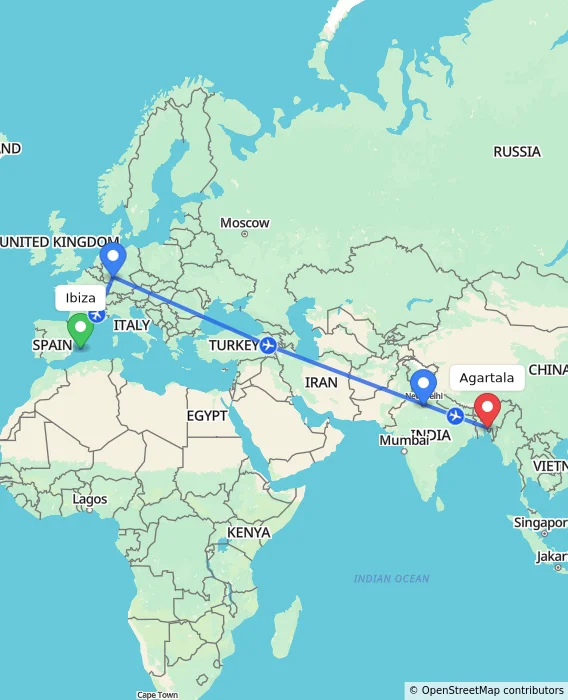 Route map showing distance and travel time from Ibiza, Spain to Agartala, India