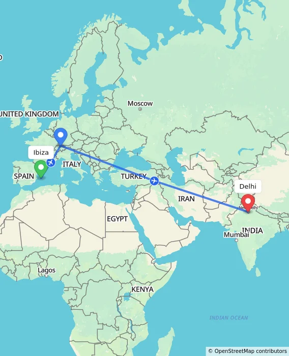 Route map showing distance and travel time from Ibiza, Spain to Delhi, India
