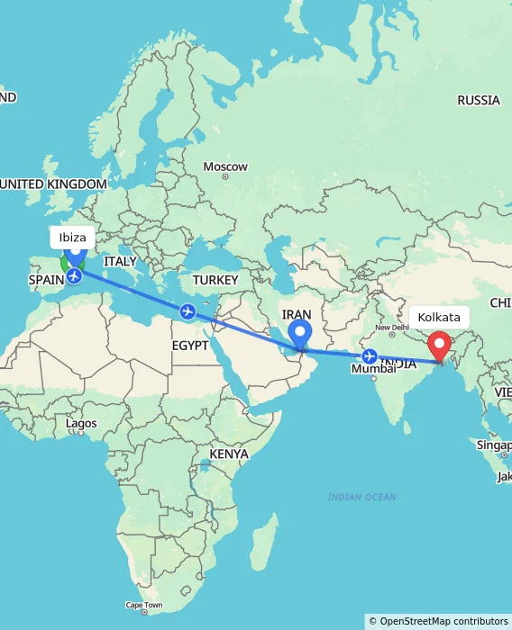 Route map showing distance and travel time from Ibiza, Spain to Kolkata, India