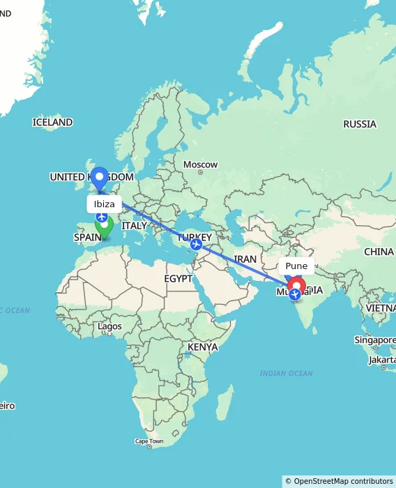 Route map showing distance and travel time from Ibiza, Spain to Pune, India