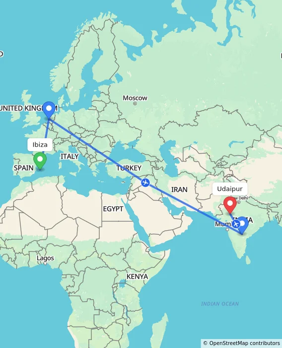 Route map showing distance and travel time from Ibiza, Spain to Udaipur, India