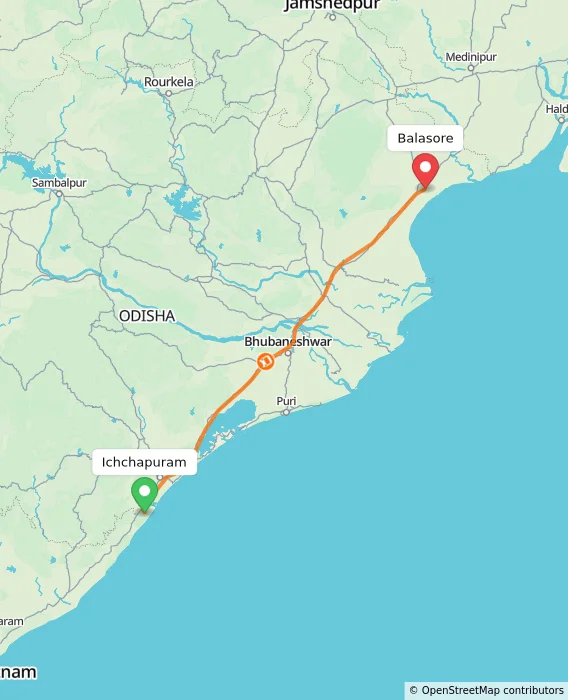 Route map showing distance and travel time from Ichchapuram, India to Balasore, India