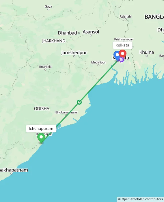 Route map showing distance and travel time from Ichchapuram, India to Kolkata, India