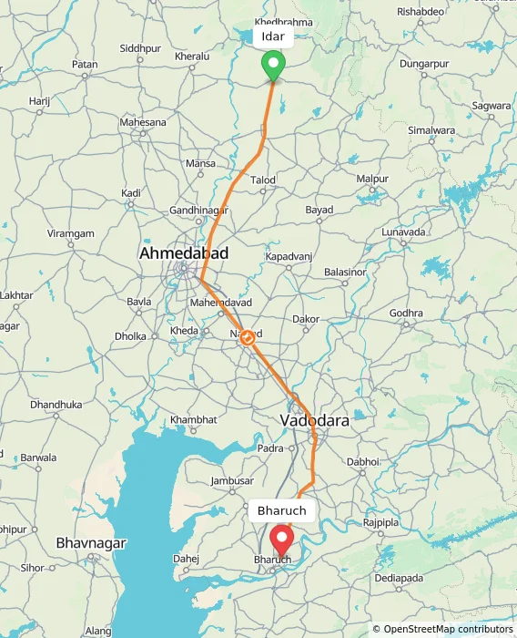 Route map showing distance and travel time from Idar, India to Bharuch, India
