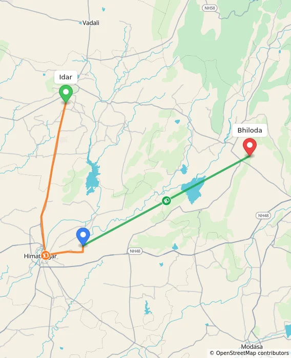 Route map showing distance and travel time from Idar, India to Bhiloda, India