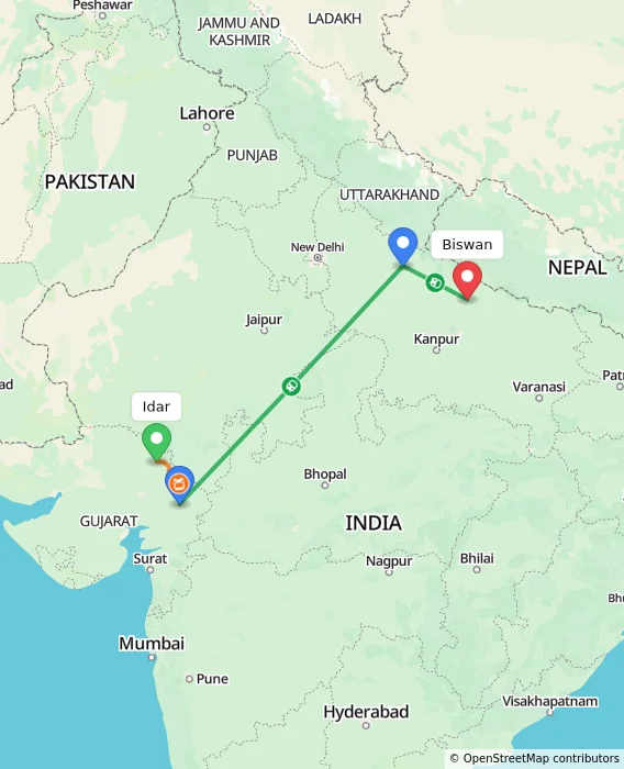 Route map showing distance and travel time from Idar, India to Biswan, India