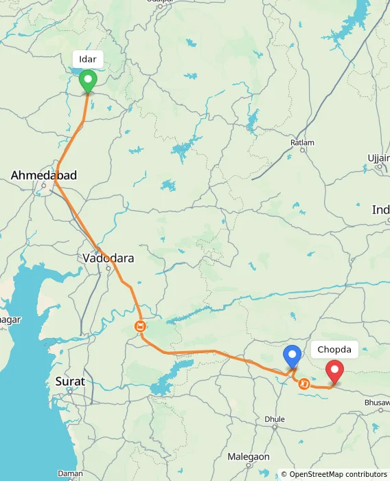 Route map showing distance and travel time from Idar, India to Chopda, India