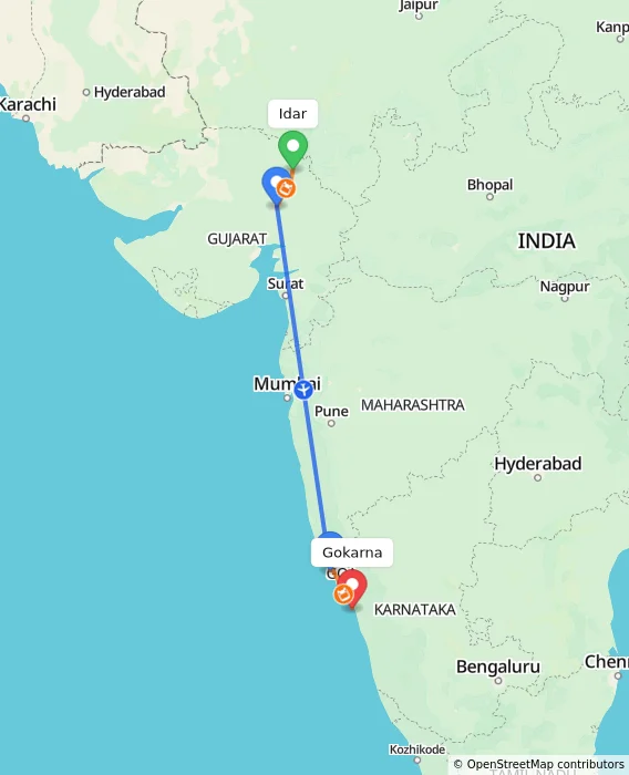 Route map showing distance and travel time from Idar, India to Gokarna, India