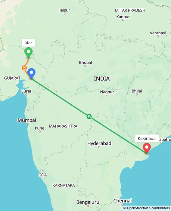 Route map showing distance and travel time from Idar, India to Kakinada, India