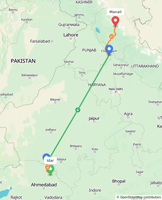 Route map showing distance and travel time from Idar, India to Manali, India