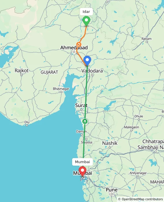 Route map showing distance and travel time from Idar, India to Mumbai, India