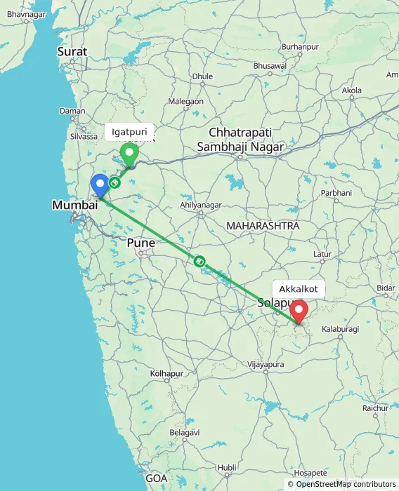 Route map showing distance and travel time from Igatpuri, India to Akkalkot, India