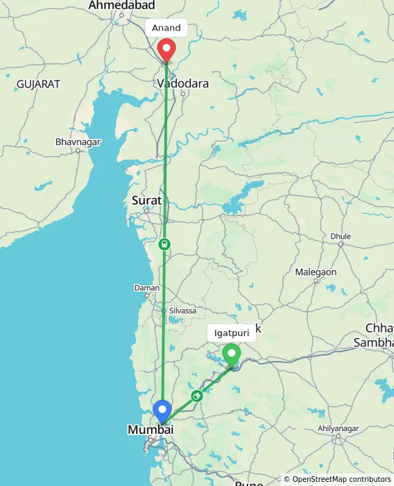 Route map showing distance and travel time from Igatpuri, India to Anand, India