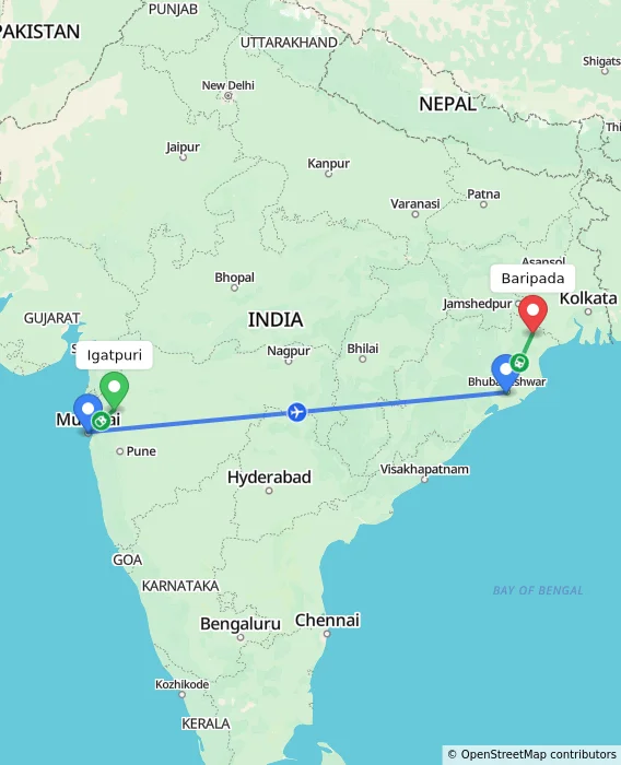 Route map showing distance and travel time from Igatpuri, India to Baripada, India