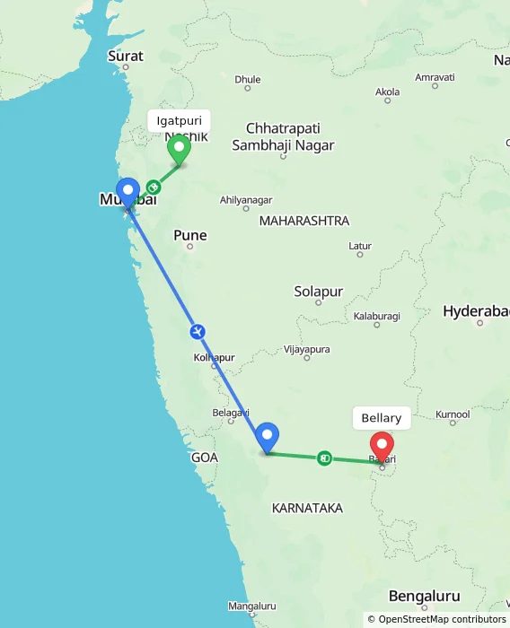 Route map showing distance and travel time from Igatpuri, India to Bellary, India
