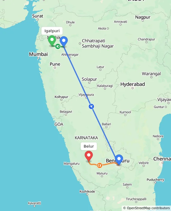 Route map showing distance and travel time from Igatpuri, India to Belur, India