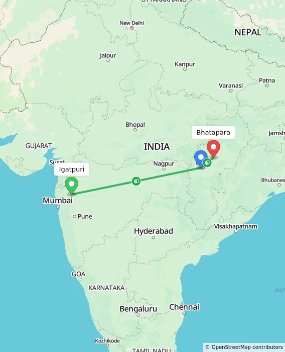 Route map showing distance and travel time from Igatpuri, India to Bhatapara, India