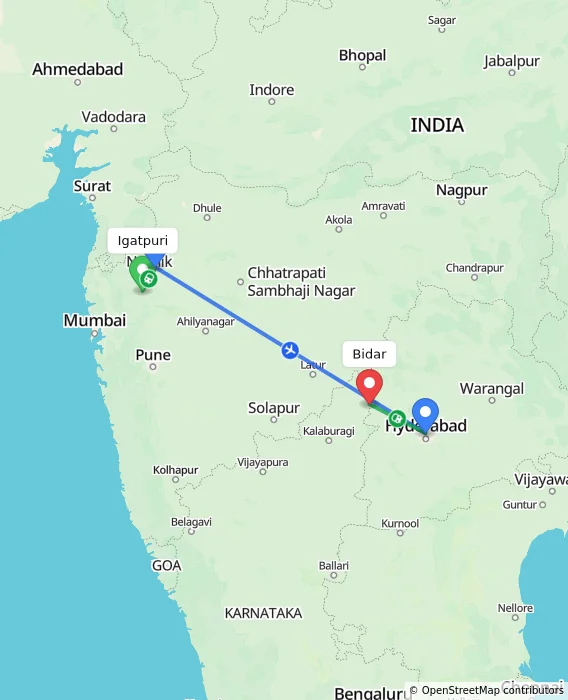 Route map showing distance and travel time from Igatpuri, India to Bidar, India
