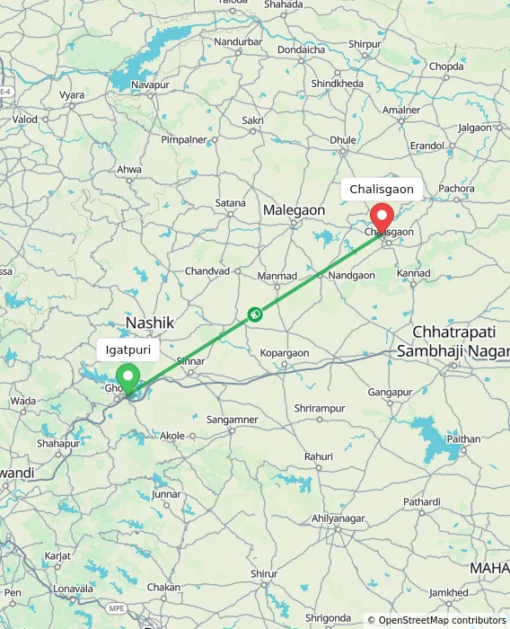Route map showing distance and travel time from Igatpuri, India to Chalisgaon, India
