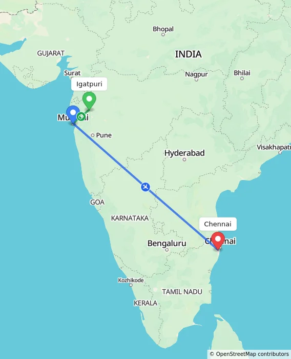 Route map showing distance and travel time from Igatpuri, India to Chennai, India