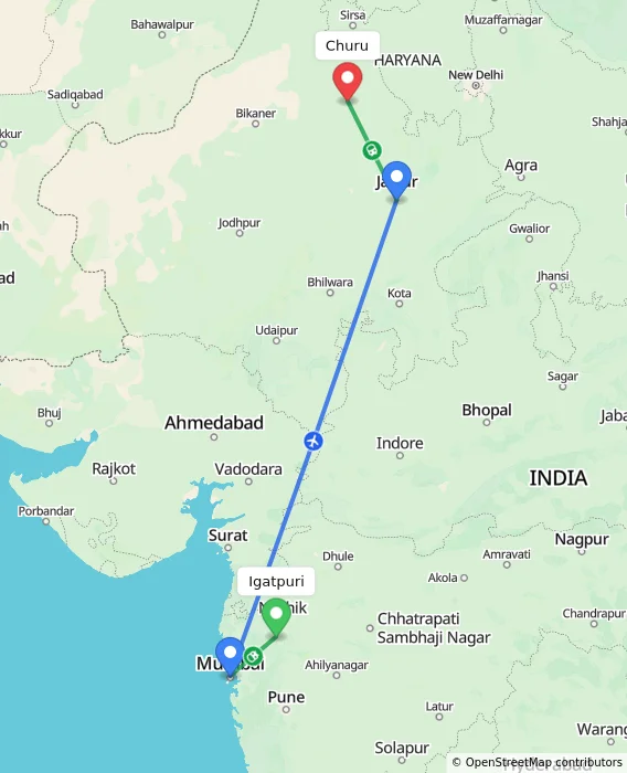 Route map showing distance and travel time from Igatpuri, India to Churu, India