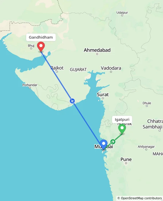 Route map showing distance and travel time from Igatpuri, India to Gandhidham, India