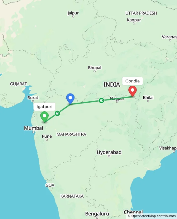 Route map showing distance and travel time from Igatpuri, India to Gondia, India