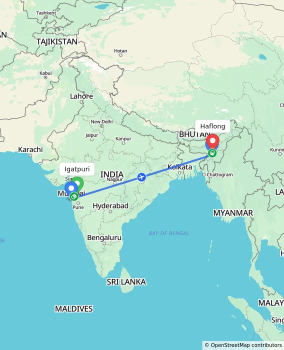 Route map showing distance and travel time from Igatpuri, India to Haflong, India