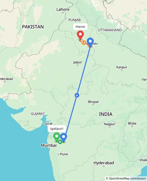 Route map showing distance and travel time from Igatpuri, India to Hansi, India