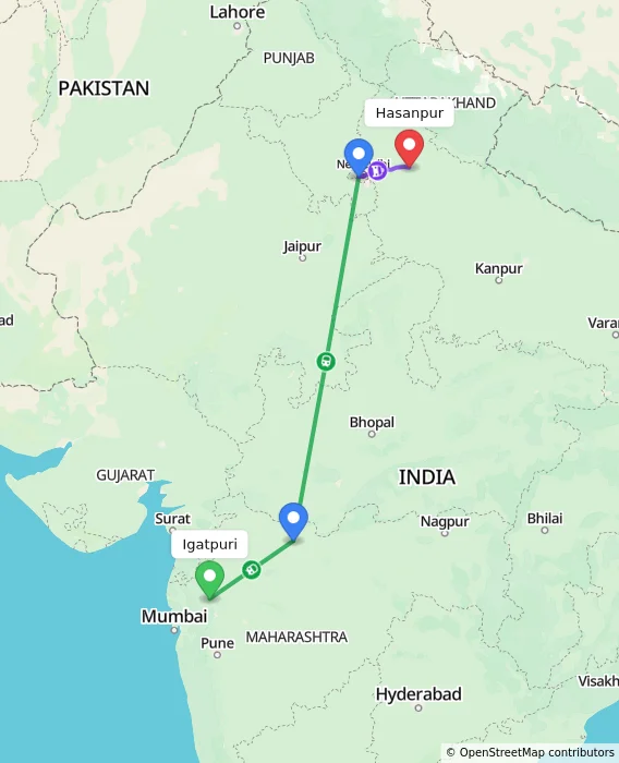 Route map showing distance and travel time from Igatpuri, India to Hasanpur, India
